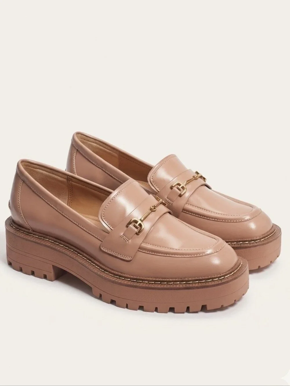 SAM EDELMAN Laurs Lug Sole Loafer In Tan Horsebit Chunky Preppy Academia Size 8